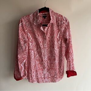 Talbots Wrinkle Resistant Bandana Print Button Up Top Red White Sz 8 Collared